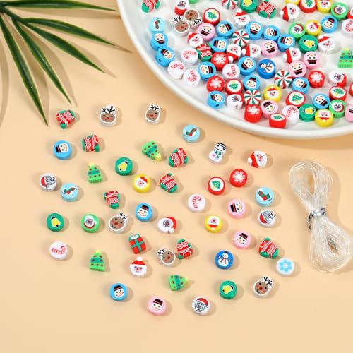 100 Pcs Polymer Clay Christmas Beads for Making Bracelets, 10mm Christmas Spacer Beads Charms for Women Jewelry Making DIY Xmas (Christmas D) - color: Christmas D