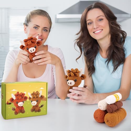 2PCS Highland Cow Crochet Kit for Beginners Crochet Starter Kit for Adults - color: Brown Highland cow
