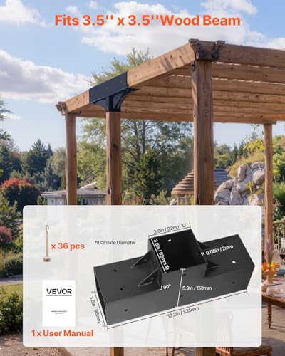 VEVOR Pergola Kit 2-Pack, T-Shaped 4x4 (Actual 3.5x3.5 Inch), 3-Way Pergola Brackets DIY Woodworking Gazebo Bracket Kit with Screws for 3.5x3.5 Inch Wood Beams in Actual Size for Outdoor Party Banquet - size: 2PC T-Shape 4*4