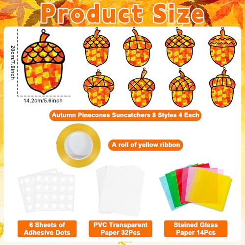 32 Sets Pine Cones Suncatchers Craft Kit DIY Window Stained Glass Effect Fall Autumn Pine Cones Paper Craft Home School Classroom Decoration Kid Birthday Gift Creative Art Project Activity Game - style: Fall Pinecone
