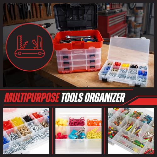 Small Parts Organizer Box - 11-Inch Portable Storage Case with 4 Removable Multi-Compartment Trays for Screws, Beads, Small Fishing Tackle, Hardware, and Craft Supplies by Stalwart (Red) - color: Red