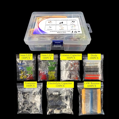 1500 Pieces of 7-Value Electronic Component Kit, Transistor Ceramic Capacitors, Electrolytic Capacitors, Resistors, and Diodes Electronic Component Kit