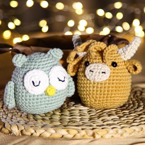 CrochetBox Highland Cow and Owl Crochet Kit for Beginners, 2 PCS Set - color: 2 PCS Highland Cow and Owl
