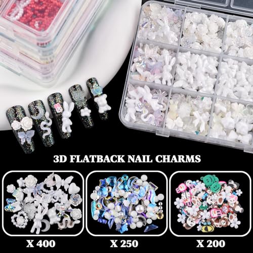 850 Pieces 3D Butterfly Rose Flower Bow Rabbit Bear Nail Charms Kit with Nail Art Rhinestones Pearls Crystal Gems Nail Slices for Manicure DIY Crafts Jewelry Accessories (White) - color: White