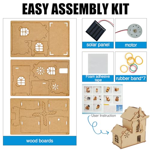 Solar Powered Windmill House 3D Wooden Puzzle Kit,DIY STEM Educational Science Craft Model, Learning Building Toy Gift for Kids Ages 8+