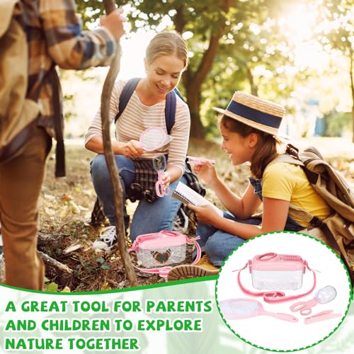 Halloscume 6 Sets Bug Catcher for Kids Students Insect Catching Kit Collector Bug Box with House, Butterfly Net, Tweezer, Cage Habitats Container Collection Explorer Gift (Pink,Green) - color: Pink,green