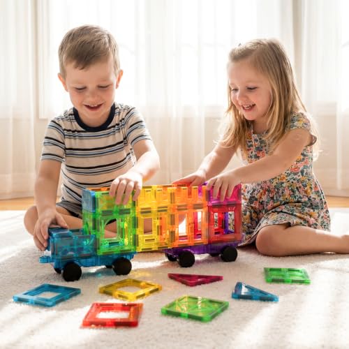 Magnetic Tiles Car Building Kit for Toddlers, 4 PCS Magnet Construction Trucks, STEM Toys for Boys Girls Ages 3-5 4-8,Educational Vehicle Engineering Set, Gifts for Kids - color: Orange Green Blue Purple