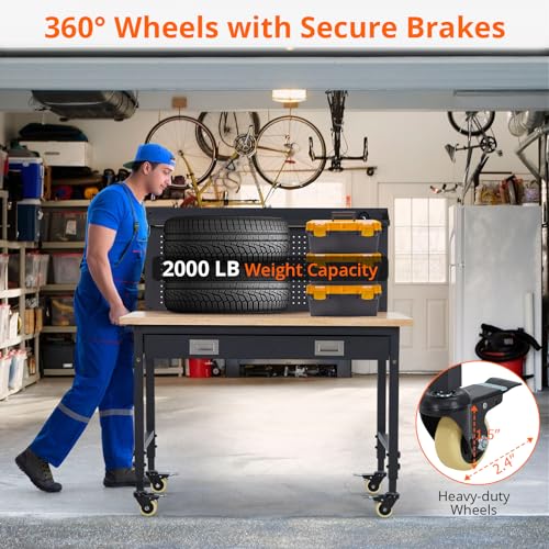 48 Inch Workbench with Power Strip, Rubber Wood Top, Work Table - size: 48x24 in