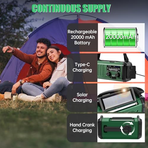 Emergency Weather Radio 20000mAh NOAA/AM/FM with 74000mWh USB/Solar/Hand Crank Charging, Battery Operated, SOS Alarm & Flashlight for Indoor/Outdoor Emergencies (Green)