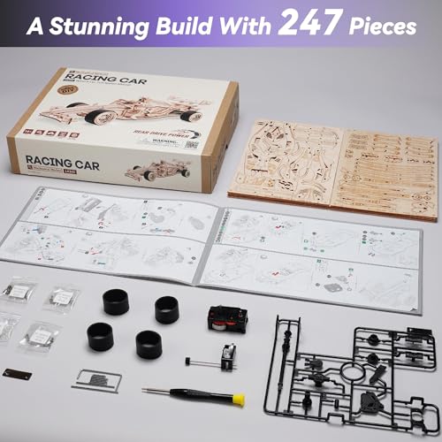 ROBOTIME 3D Puzzles for Adults, 1:18 Scale Wooden Formula Racing Car LK505, Wood Mechanical Model Car Kits to Build, Cool Crafts for Teens & Adults Project Kits Model Building Set
