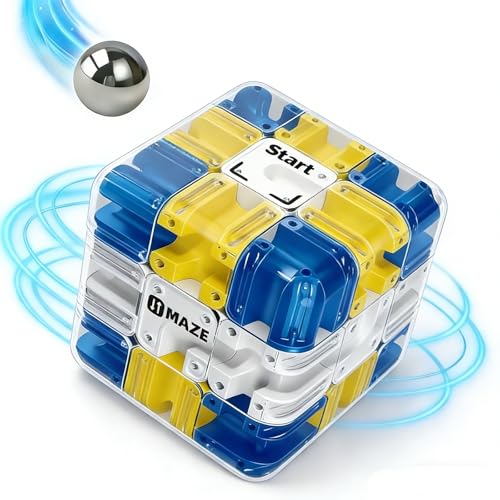 3D Rolling Ball Maze Cube, Marble Labyrinth Cube, 3D Labyrinth Puzzle Cube, Spatial Awareness Brain Training Educational Focus Game Gift for Adults Teens Kids (Yellow & Blue) - color: Yellow & Blue