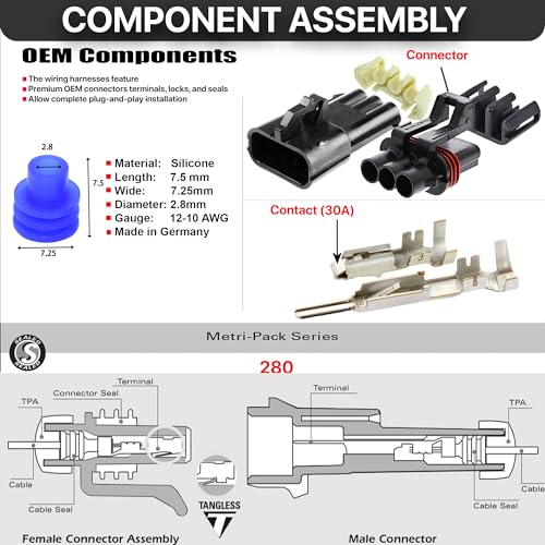 2-Pack, (3-Way) Conductors.Pin, 30 Amp Metri-Pack Waterproof Connector Terminals and Seals Wire Gauge Size 12-10 GA - size: 3-Pin