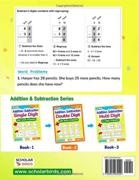 Double Digit Addition & Subtraction Math Workbook for Grades 1-2: Word Problems, With & Without Regrouping, Answer Key, Reproducible Practice Problems ... Worksheets (Master Addition & Subtraction)