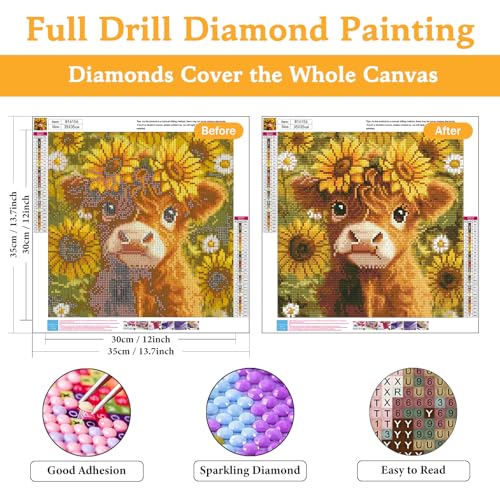 Diamond Art Kits for Adults & Beginners, Highland Cow Diamond Painting Kit - color: HMDPUS-25405