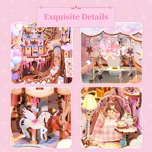 Tonecheer DIY Book Nook Kit for Adults, Booknook Wooden 3D Puzzle Bookend Miniature House Kit, Fantasy Pink Bookshelf Decor with Dust Cover and LED Light for Birthday Gifts (Sweet Dream) - color: Sweet Dream