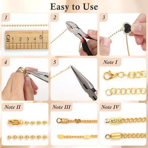 ROADPLUM 6 Roll Jewelry Making Kit - Gold Necklace Chains (Copper & Stainless Steel) with 2 Jewelry Pliers, 140 Lobster Clasps Jump Rings Connectors - Complete DIY Bracelet Chain Supplies for Crafters