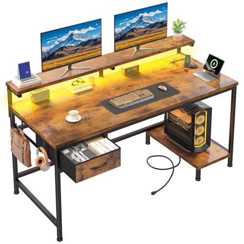 DurayLoly 39.3" Office Desk with Power Outlet & Fabric Drawer,Rustic Brown - color: Rustic Brown, size: 39.3 IN