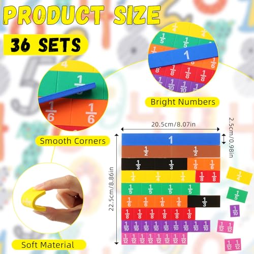 Sayglossy 36 Sets Fraction Tiles Set for Math Classroom Fractions Manipulatives Math Learning Manipulatives for Home School Supplies
