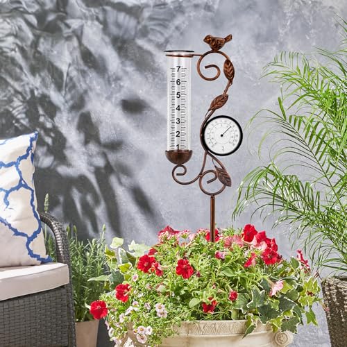 36in Bird Rain Gauge Thermometer Bronze Metal Garden Stake Decor - color: Bronze Bird