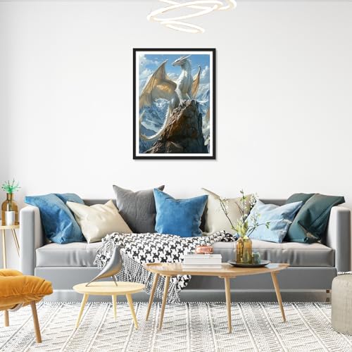 HEIBAGO Diamond Art Kits for Adults, Diamond Painting Kits White Dragon for Adults Beginners, 5D Full Drill Round Diamond Art Painting, DIY Diamond Dots for Adult for Home Wall Decor 12 x 16 Inch - color: White Dragon