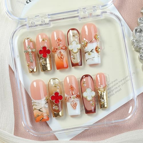 Luxury Soft Pink Press On Nails 10pcs, Handmade Acrylic Square Tips with 3D Floral Art, Gold Mirror Motif & Pearl Details, Elegant Ombre Design for Weddings, Parties & Daily Wear – Appife - color: Divine Charm, size: M
