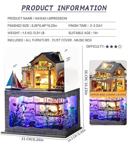 Spilay Miniature Dollhouse Kit with Furniture,DIY Dollhouse Kit Mini Modern Villa Model Plus Dust Cover and Music Box,1:24 Scale Creative Room Idea for Adult Birthday Gift(Hawaii Impression) - color: Hawaii Impression With Dust Cover Music Box