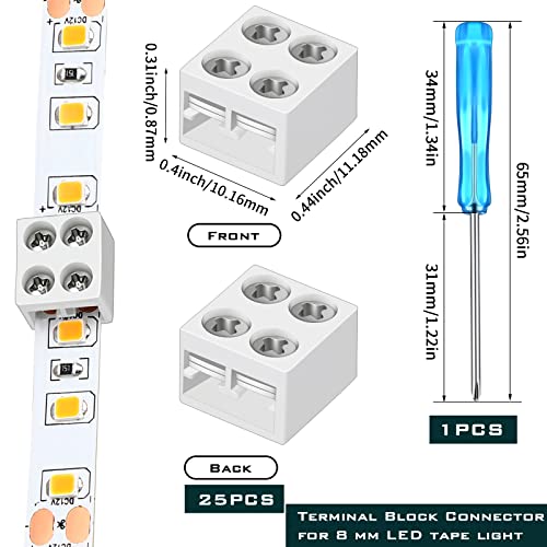 25 Pack Solderless LED Strip Connectors Tighten Screw Terminal Blocks 2 Pin 8mm Connector with Screwdriver Wire to White 2P8MM-2 0 - size: 8mm-25