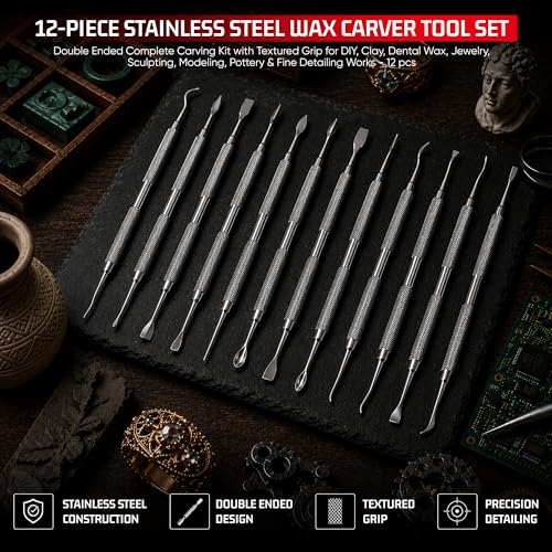 Double Ended Wax Carving Tool Set, Stainless Steel, Textured Grip, 12 Pcs