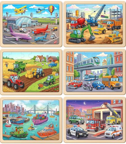 Puzzles for Kids Ages 3-5, Wooden Jigsaw Puzzles 24 Pieces 6 Pack - color: Vehicle