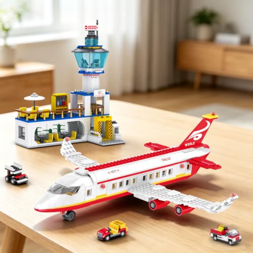 WINGIFT 880 Pcs City Airport Passenger Terminal Building Set, 6 in 1 Airplane Building Blocks Toy, STEM Aircraft Bricks with Shuttle Bus,Luggage Cart,Planes Model Toys Gifts for Boys Girls Ages 6-12+ - color: Red
