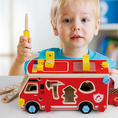 LOVELAND Wooden Fire Truck Toy, Take Apart STEM Building Set with Kid-Safe Screwdriver & 6 Shape Sorter Tools, DIY Montessori Construction Vehicle, Pretend Play Educational Gift for Boys Girls Ages 3+