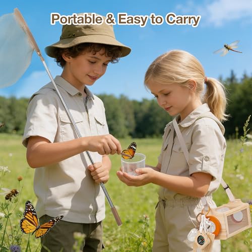 Wooden Bug Catcher Kit for Kids, 16-in-1 Outside Toys for Toddlers STEM Outdoor Explorer Set with 3-Way Observation Habitat, Butterfly Net, Magnifying Glass, Educational Gift for Boys Girls Ages 3-8