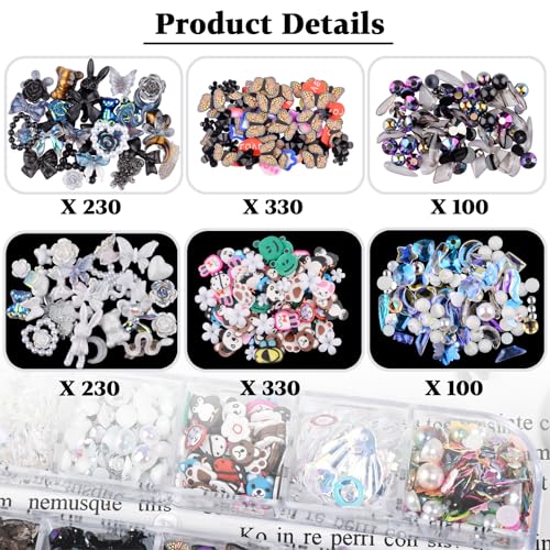 1400 Pieces 3D Butterfly Rose Flower Bow Rabbit Bear Nail Charms Kit with Nail Art Rhinestones Pearls Crystal Gems Nail Slices for Manicure DIY Crafts Jewelry Accessories (Black White) - color: Black White