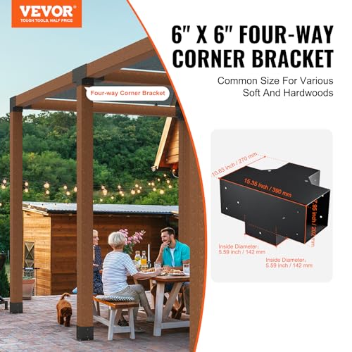VEVOR 4-Way Pergola Bracket Kit, 6"x6" 2-Pack Heavy Duty Corner Brackets for Wood Beams, DIY Post Base Hardware with Easy Installation for Outdoor Gazebo Patio Log Cabin - size: 2PC 4-Way 6*6