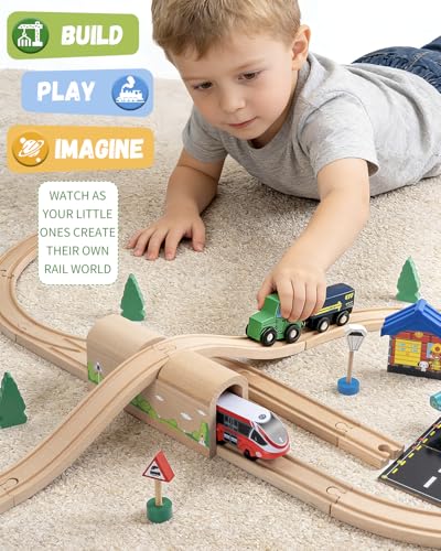 Wooden Train Track Bridge & Tunnel Set, Railway Expansion Kit with Ascending & Descending Ramp Tracks, Compatible with Major Wooden Train Systems, for Kids Creative Play and Learning - style: Wooden Tunnel Set
