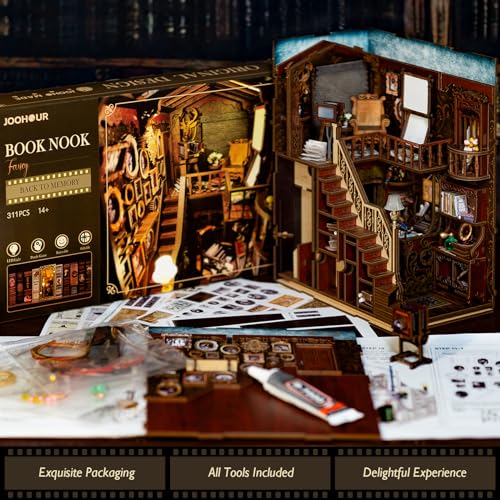 JOOHOUR DIY Book Nook Kit, Dollhouse Miniature, Booknook Bookshelf Insert Alley 3D Wooden Puzzle, Bookends Model Building Kit with LED Light, Gift for Teens and Adults, Back to Memory - color: C-Back To Memory