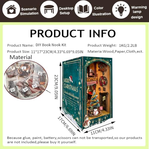 DIY Dollhouse Kit with Dust Cover, DIY Book Nook Kit Christmas Decor Booknook 3D Wooden Puzzle Nook Book Doll House with LED Light - color: Sq34