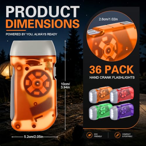 Treela 36 Hand Crank Flashlights,Red,Green,Orange,Purple - color: Red,Green,Orange,Purple