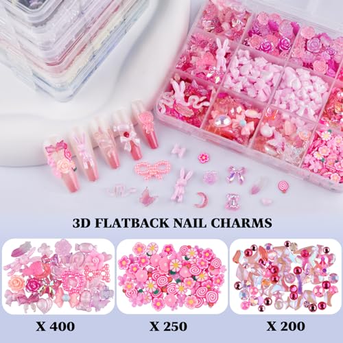 850 Pieces 3D Butterfly Rose Flower Bow Rabbit Bear Nail Charms Kit with Nail Art Rhinestones Pearls Crystal Gems Nail Slices for Manicure DIY Crafts Jewelry Accessories (Pink) - color: Pink