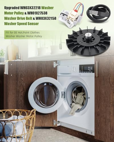WH03X32218 Washer Motor Pulley WH01X27538 Belt & Nut Kit Perfectly WH03X32158 Washer Speed Sensor Fit for GE Hot.Point Clothes Washer Washer Motor Pulley Replace WH07X24695 WH39X27601 WH49X25378, etc