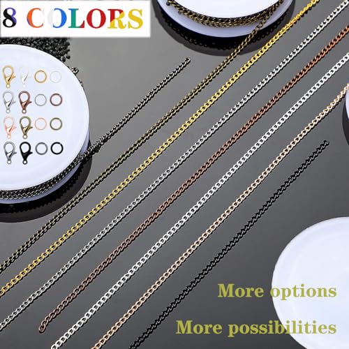 80ft Jewelry Making Kit - 8 Color Stainless Steel Curb Chain, 240 Jump Rings & 80 Lobster Clasps for DIY Bracelet, Earring & Necklace Crafts (2*3 mm) - color: 8 Colors Curb Chain 80FT