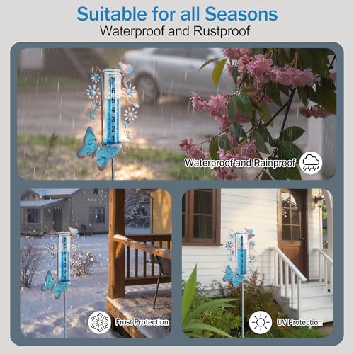 Freeze Proof Rain Gauge Outdoors Best Rated, Accurate & Easy to Read - color: Blue Copper Butterfly