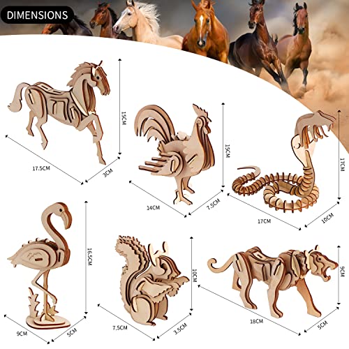 calary 3D Wooden Puzzle Simulation Animal Dinosaur Assembly DIY Model Toy for Kids and Adults,Set of 6 - style: C-Animals Assembly