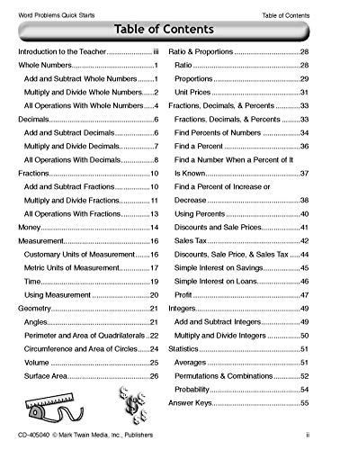 Mark Twain Word Problems Math Workbook, Mathematics for Grades 4 and Up, Whole Numbers, Fractions, Decimals, Geometry, Ratio, Statistics, and More, Classroom or Homeschool Curriculum