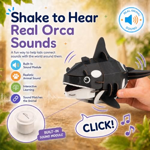 MierEdu Build 'N' Sound 3D Puzzle for Kids, Animal Puzzle with Sound Module, Educational STEM Craft Kit, FSC Paper Model Building Toy Gift for Ages 6+ - color: Orca