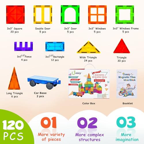 cossy 120Pcs Magnetic Tiles Magnetic 3D Building Blocks Set, Construction Toys for 3 4 5 6 7 8 Year Old Boy and Girl with Stronger Magnets, Educational Toys, Recreational, Conventional - size: 120 Pieces