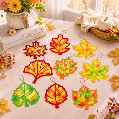 Renbuzhu 48PCS Fall Crafts Bulk: Leaves Pumpkins Paper Suncatchers DIY Kit for Autumn Thanksgiving Activities Decorations, Window Stained Glass Effect Art Supplies(Colorful Style) - style: colorful fall leaves