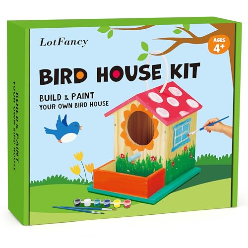 LotFancy Bird House Kit, DIY Wooden Birdhouse Kits, Arts and Crafts Painting Kits for Kids Ages 4+, Build and Paint, Including Paints & Brushes - style: Build a Bird House