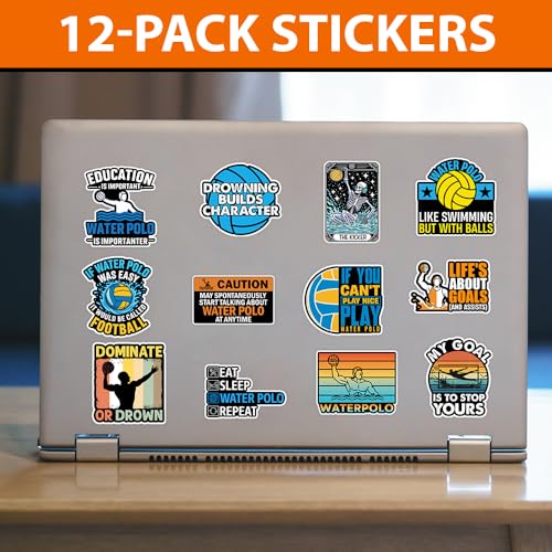 MAIANEY Water Polo Sticker Pack 12pcs – Funny Water Polo Stickers for Players Fans Coaches, Sports Humor Vinyl Decals for Laptop Water Bottle Gear Bag, Athletic Motivational Sticker Set 3x3 Inch - color: Water Polo