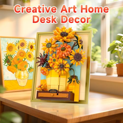 Van Gogh Sunflowers Building Blocks Set with Light, Sunflower Botanical Wall Art Building Toy for Home Office Decor, Christmas Birthday Presents for Lover Women Girls Boys Adults, 1166 PCS - color: Yellow